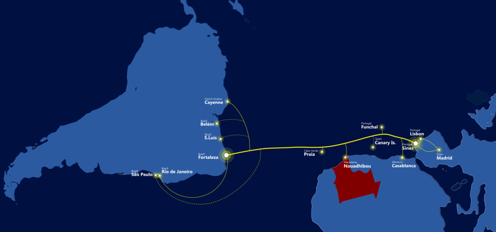 EllaLink Network map with Mauritania branch and country area
