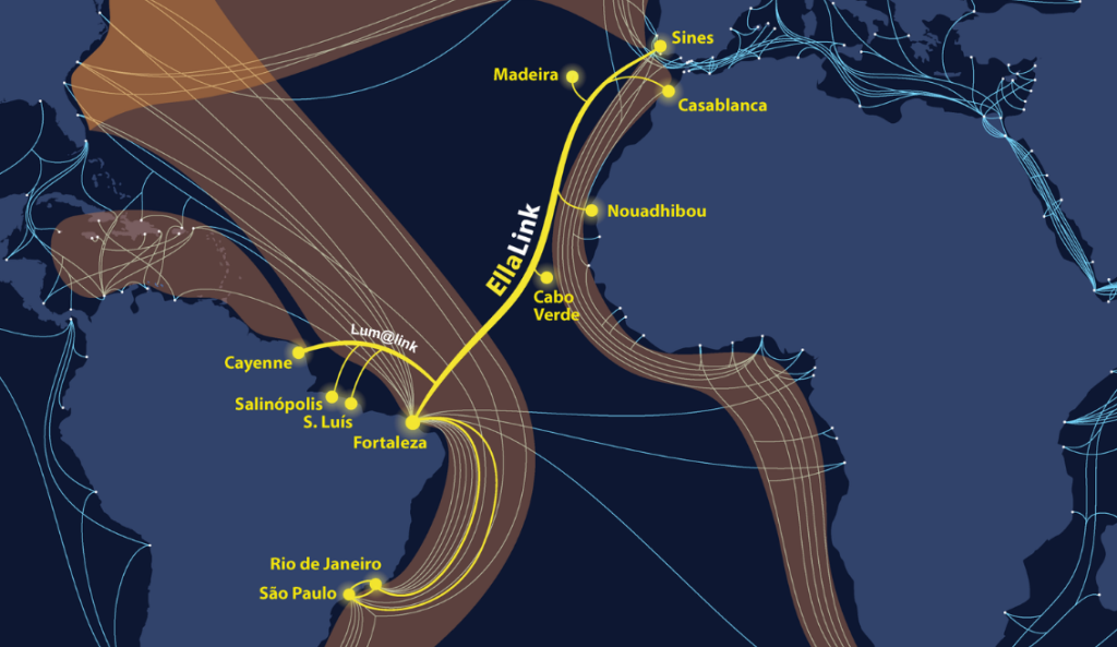 EllaLink World Map with Lum@link and the representation of the two Brazilian Amazon branching units to Salinópolis and São Luís