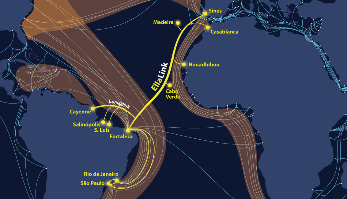 EllaLink World Map with Lum@link and the representation of the two Brazilian Amazon branching units to Salinópolis and São Luís